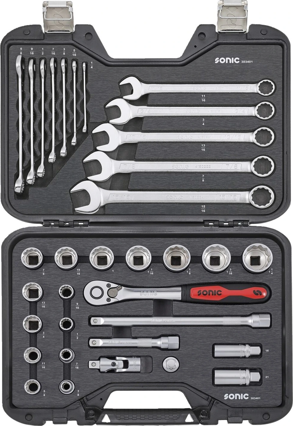 Sonic, combination socket/wrench set 1/2'', 34-piece. US/SAE, 400 mm