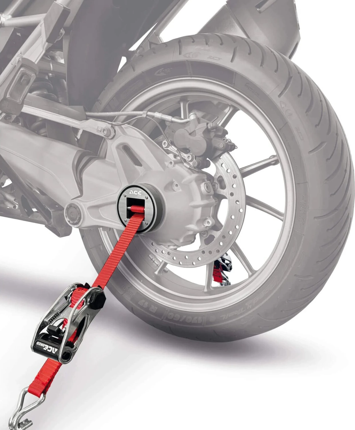 AceBikes, CapStrap BMW open axle tie-down system
