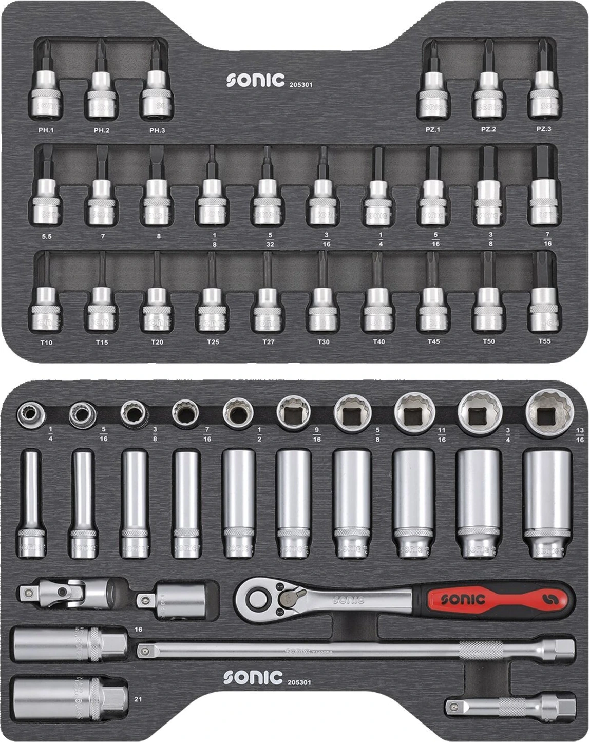 Sonic, combination socket set 3/8'', 53-piece. US/SAE sizes, 360 mm