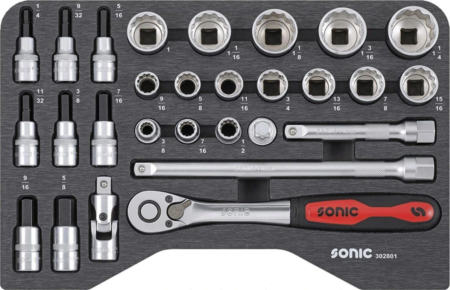 Sonic, combination socket set 1/2'', 28-piece. US/SAE sizes, 400 mm