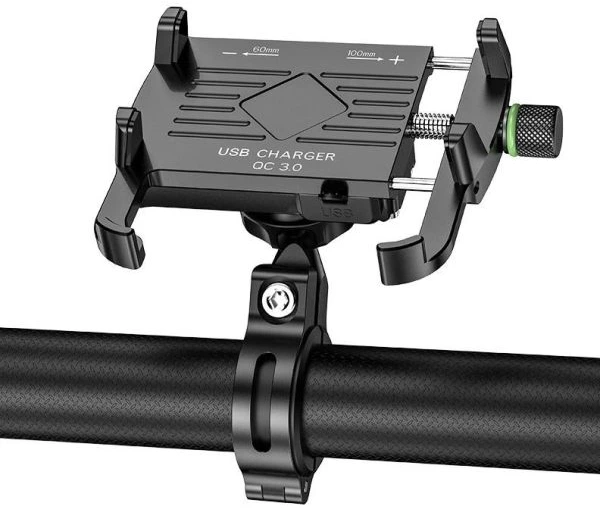 Tālruņa turētājs ar USB Quick Charge 3.0 lādētāju R10 (krāsa melna, metāls)