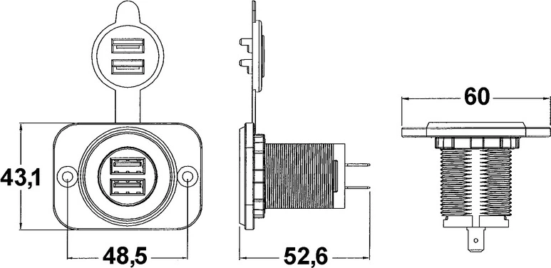 Double USB socket white rear nut + panel