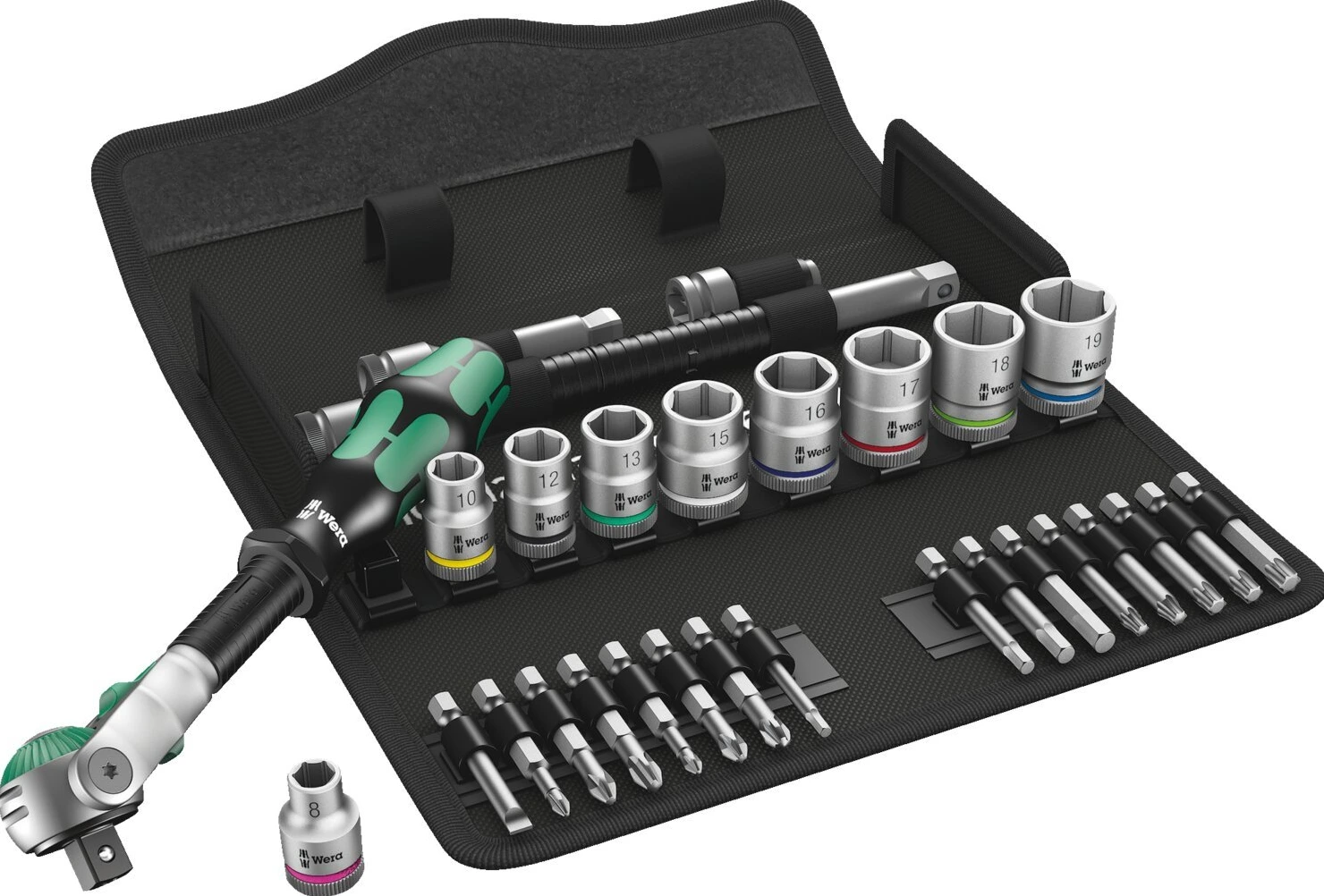 Wera Zyklop ratchet kit 29 pcs. 3/8" drive Metric sizes, Green, Chrome