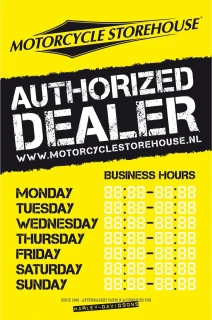 Motorcycle storehouse, 'business hours' decal