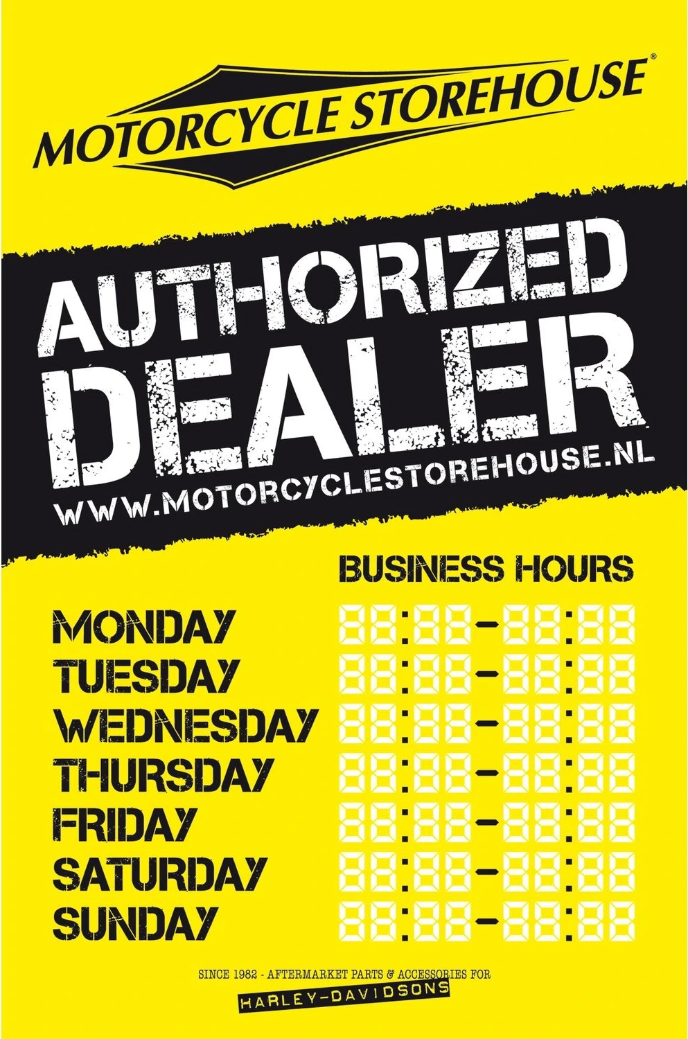 Motorcycle storehouse, 'business hours' decal