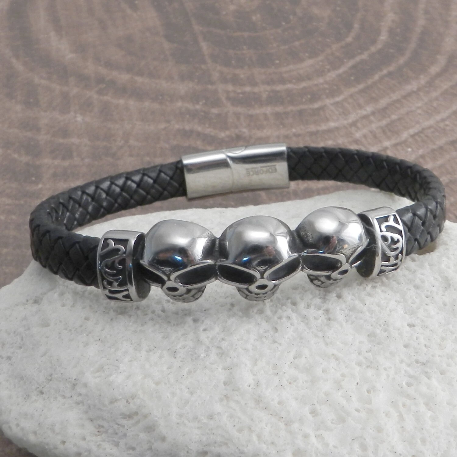 Amigaz Skull Head Leather Braid Bracelet, Brown