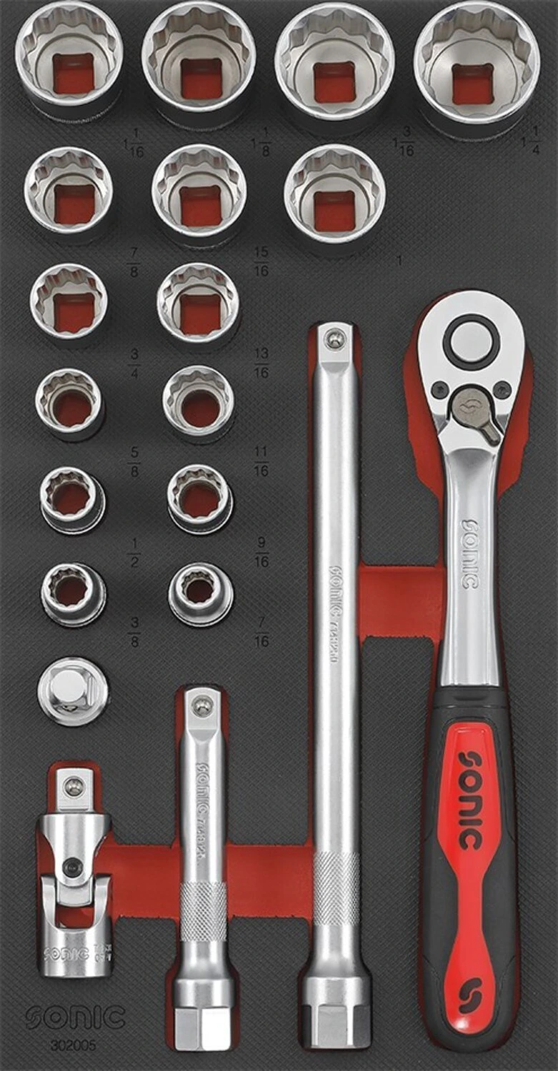 Sonic, 1/2" drive socket set. 20-piece. US/SAE sizes, 190 mm
