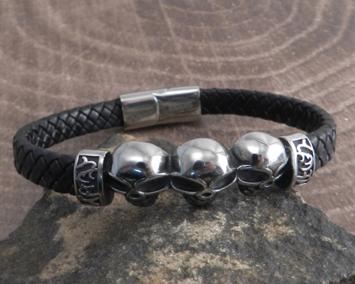 Amigaz Skull Head Leather Braid Bracelet, Brown