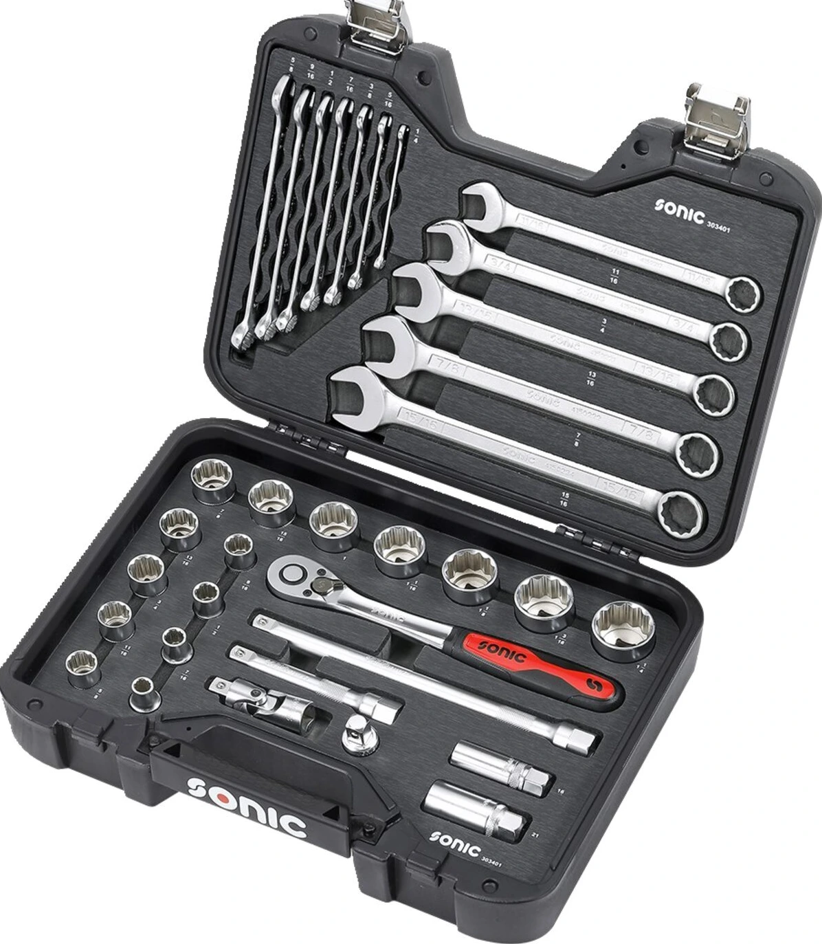 Sonic, combination socket/wrench set 1/2'', 34-piece. US/SAE, 400 mm