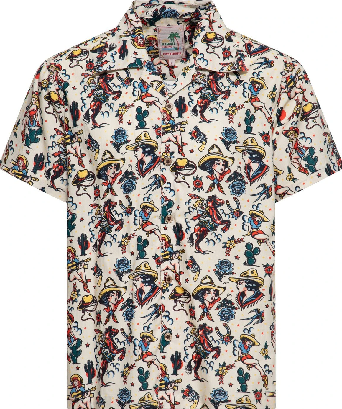 King Kerosin Cow Girl Hawaii shirt, off White, White, M