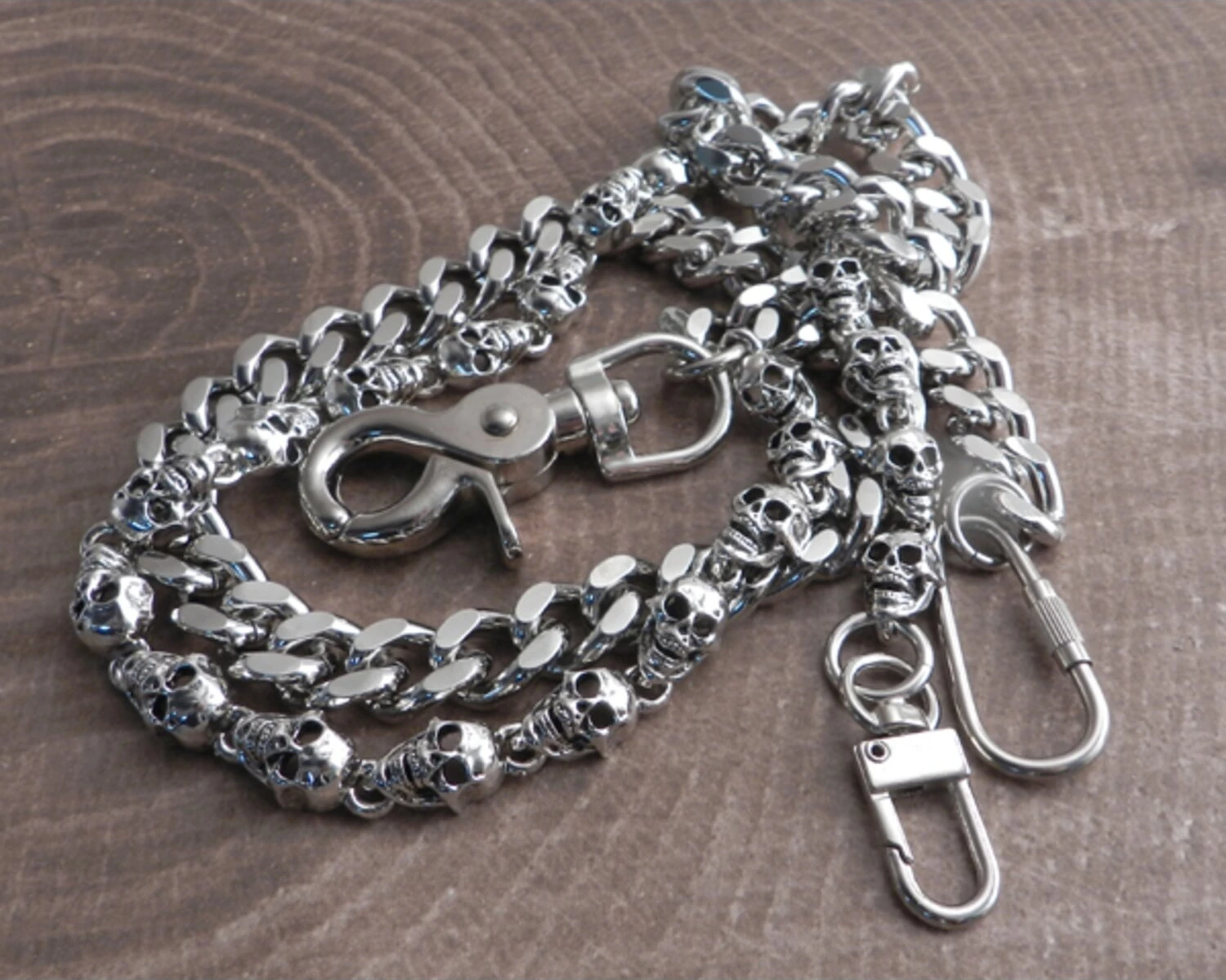Amigaz Pewter Skull & Cut Leash Double Wallet Chain, Silver