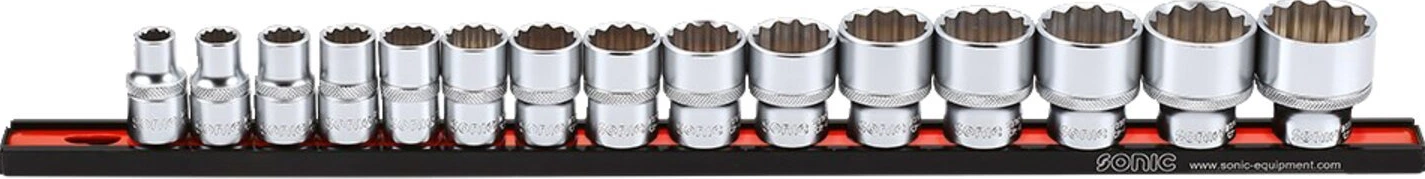 Sonic, socket set 1/2" on rail. 15-piece. US/SAE, 504 mm