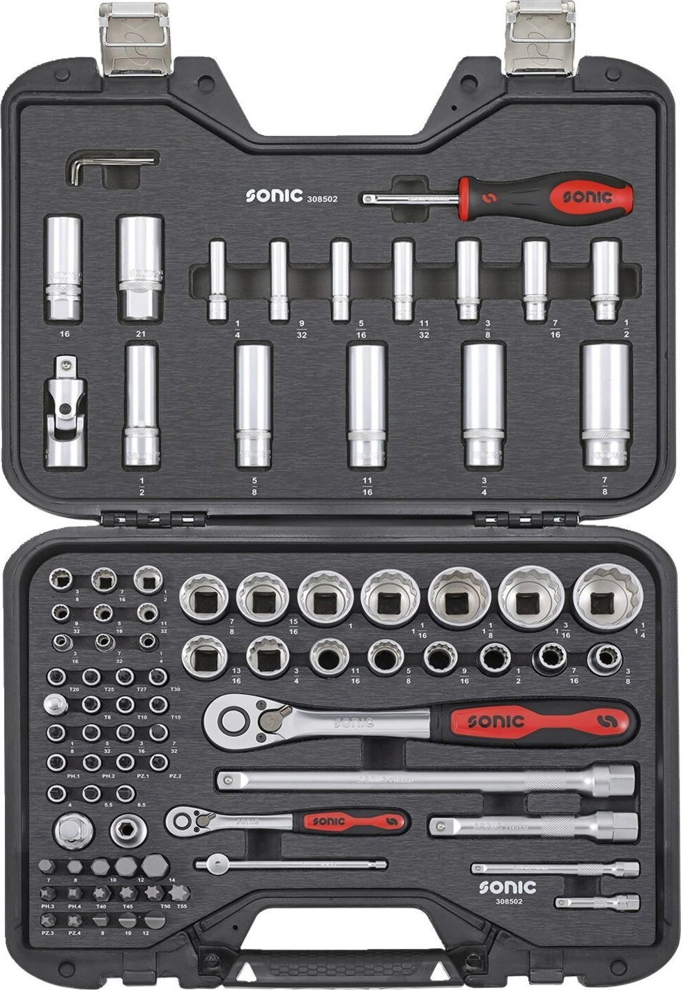 Sonic, combination socket/bit set 85-piece. US/SAE, 400 mm