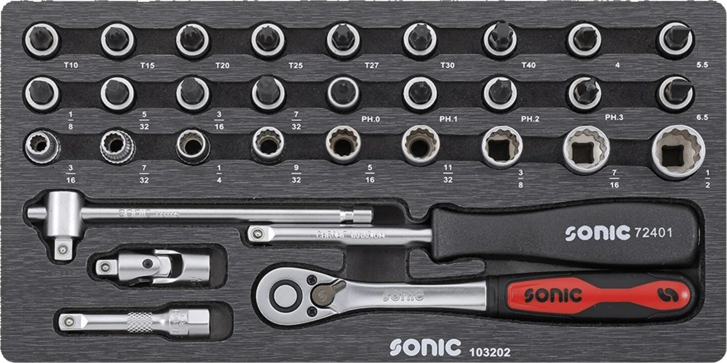 Sonic, Combination socket set 1/4'', 32-piece. US/SAE sizes, 260 mm
