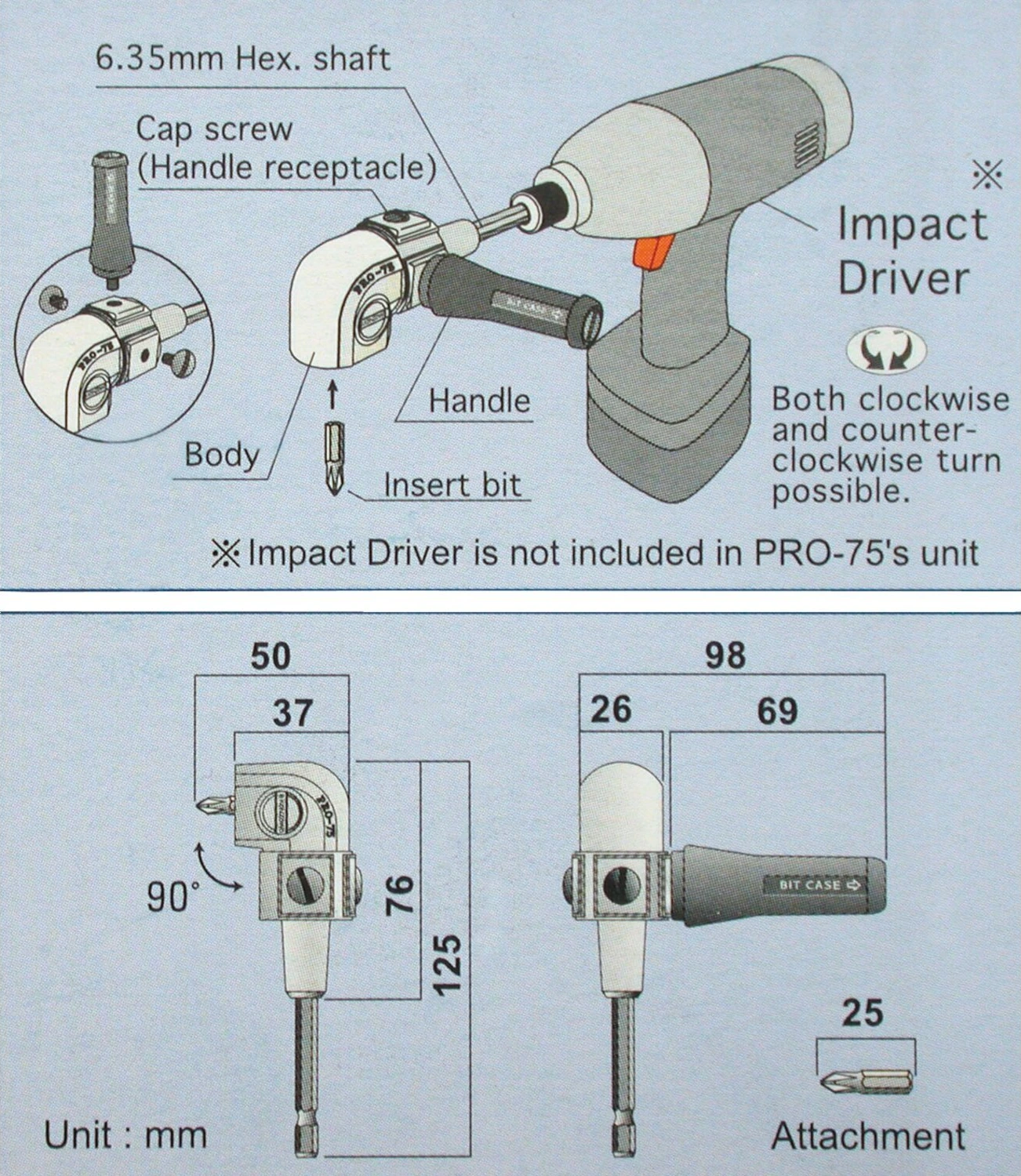 Pro-75 L-Drive for electric drill, 125 mm