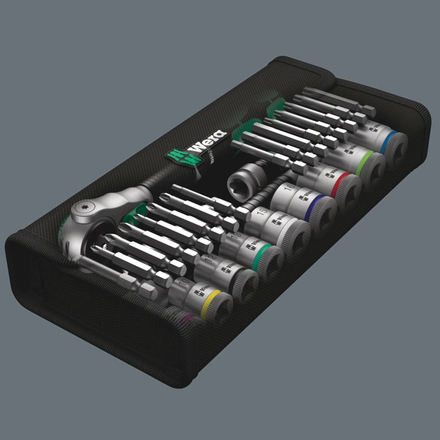 Wera Zyklop ratchet kit 29 pcs. 3/8" drive Metric sizes, Green, Chrome