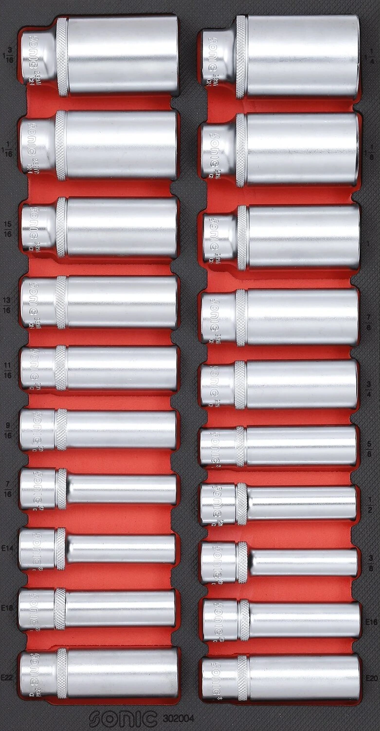 Sonic, 1/2" drive Deep socket set. 20-piece. US/SAE sizes, 190 mm