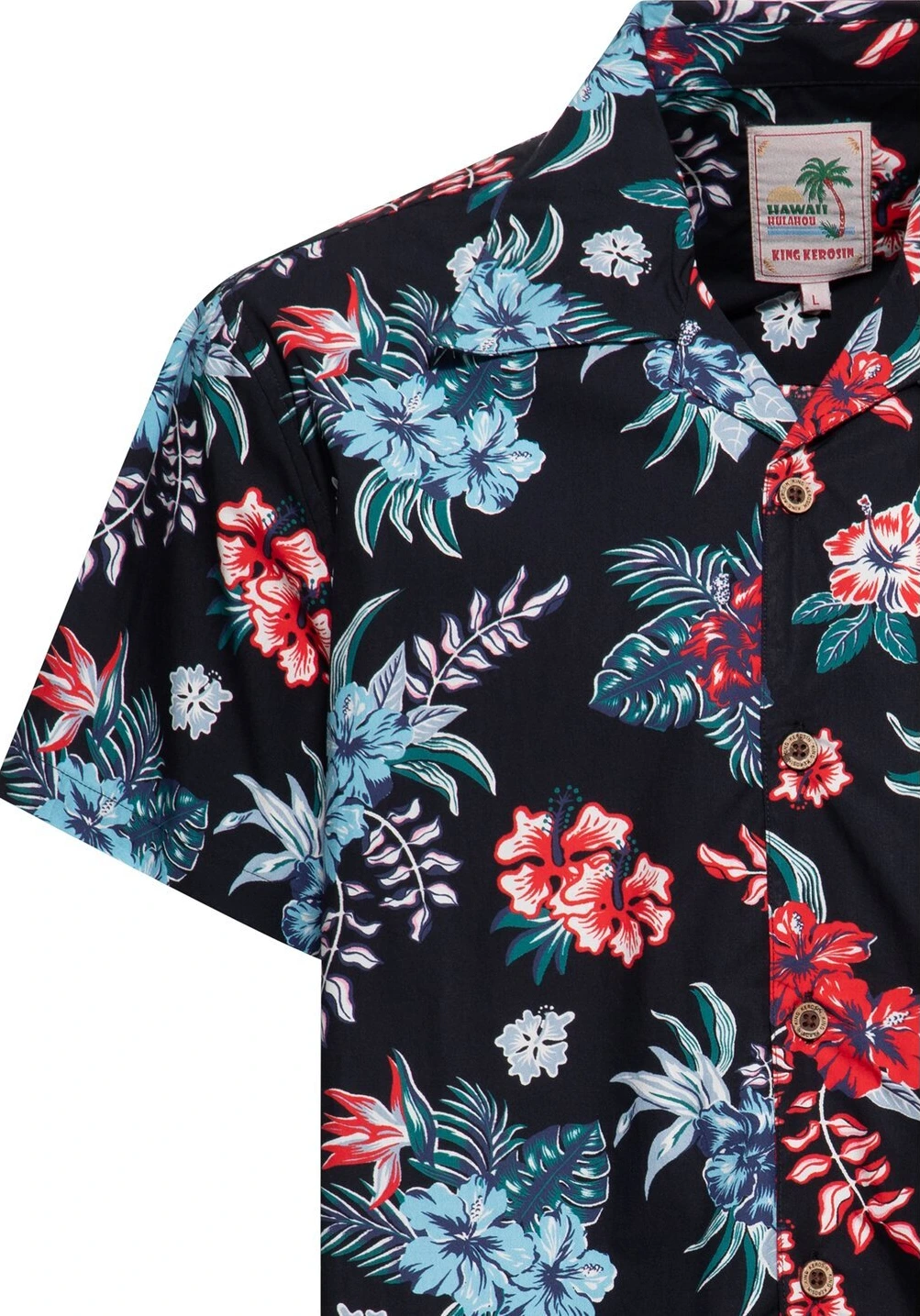 King Kerosin Hibiscus Hawaii shirt, Black, L