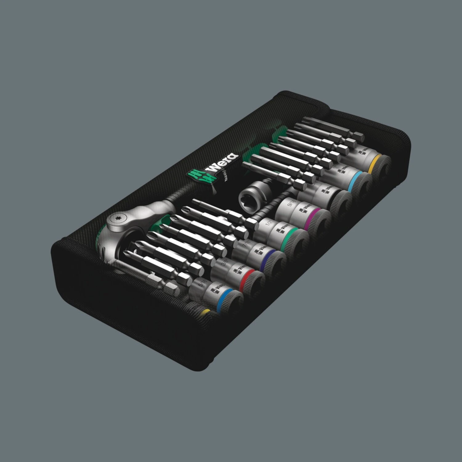 Wera Zyklop ratchet kit 29 pcs. 3/8" drive US sizes, Green, 199 mm, Chrome
