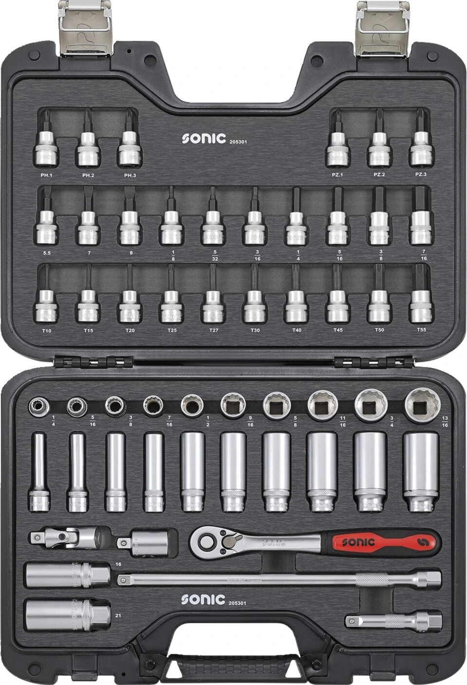 Sonic, combination socket set 3/8'', 53-piece. US/SAE sizes, 360 mm