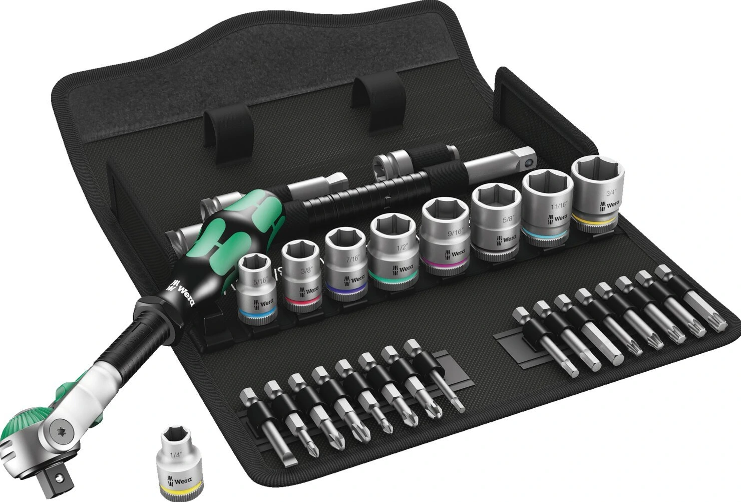 Wera Zyklop ratchet kit 29 pcs. 3/8" drive US sizes, Green, 199 mm, Chrome