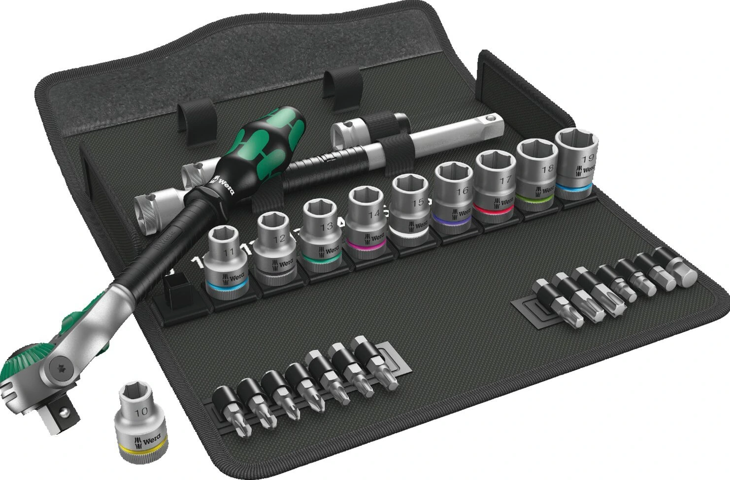 Wera Zyklop speed ratchet kit 1/2" drive - Metric sizes, Green, 277 mm, Chrome