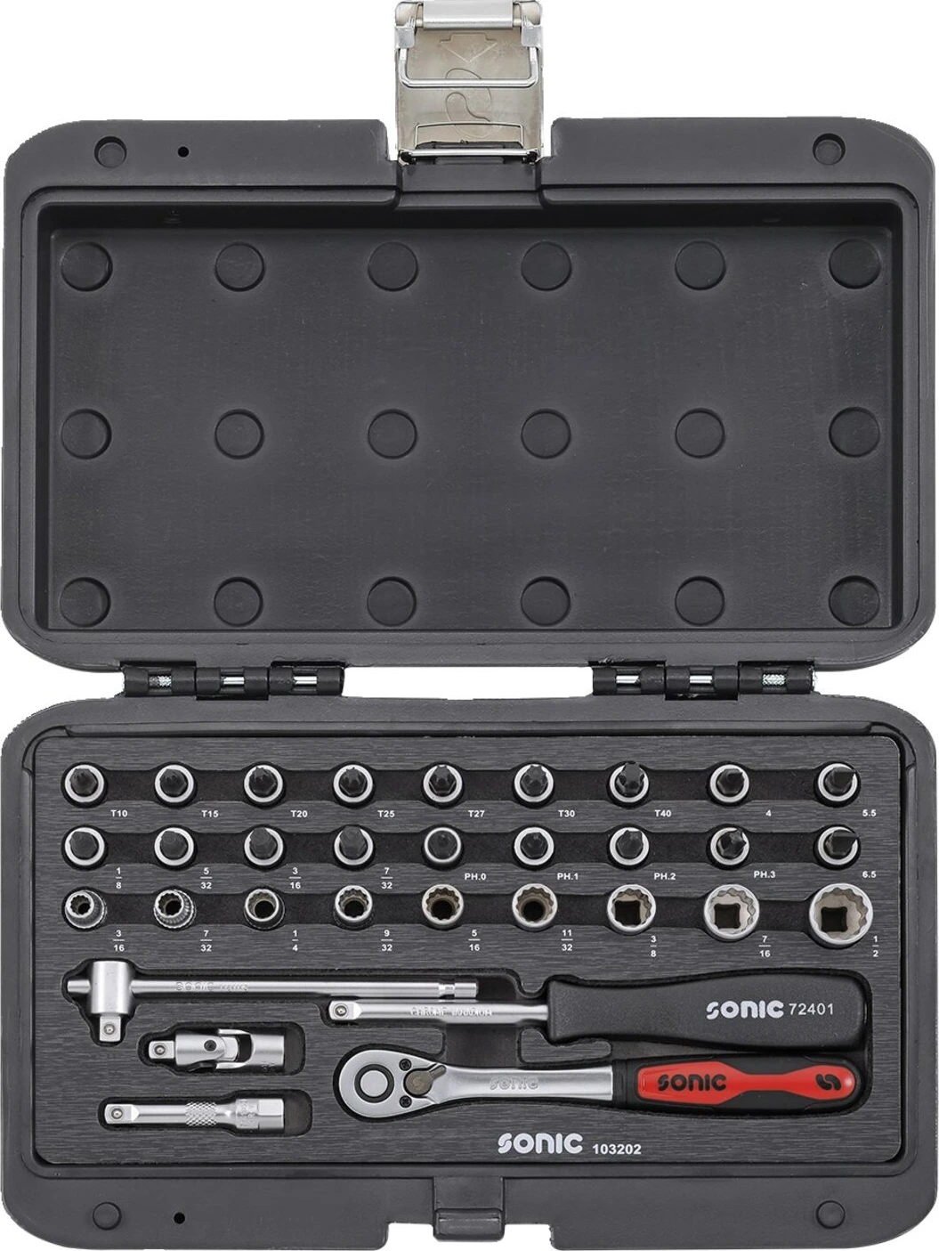 Sonic, Combination socket set 1/4'', 32-piece. US/SAE sizes, 260 mm