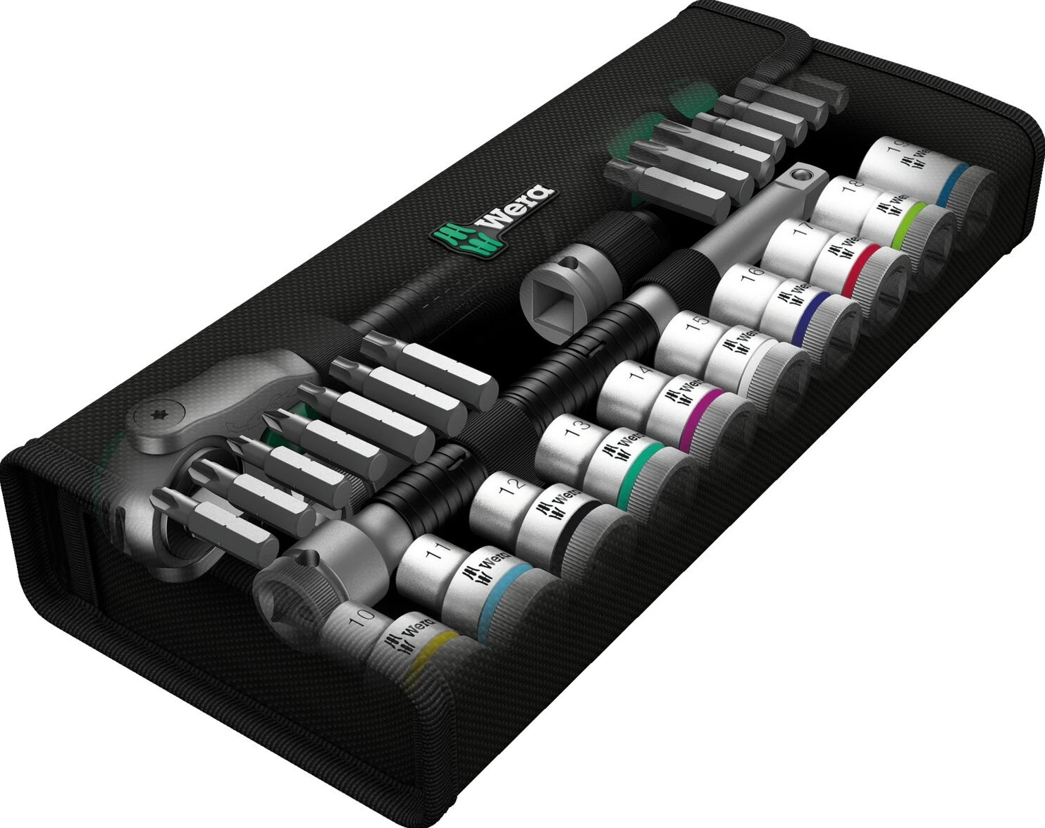 Wera Zyklop speed ratchet kit 1/2" drive - Metric sizes, Green, 277 mm, Chrome