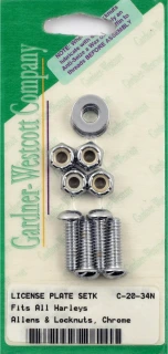License plate to bracket mount kit. Chrome. Lock nuts
