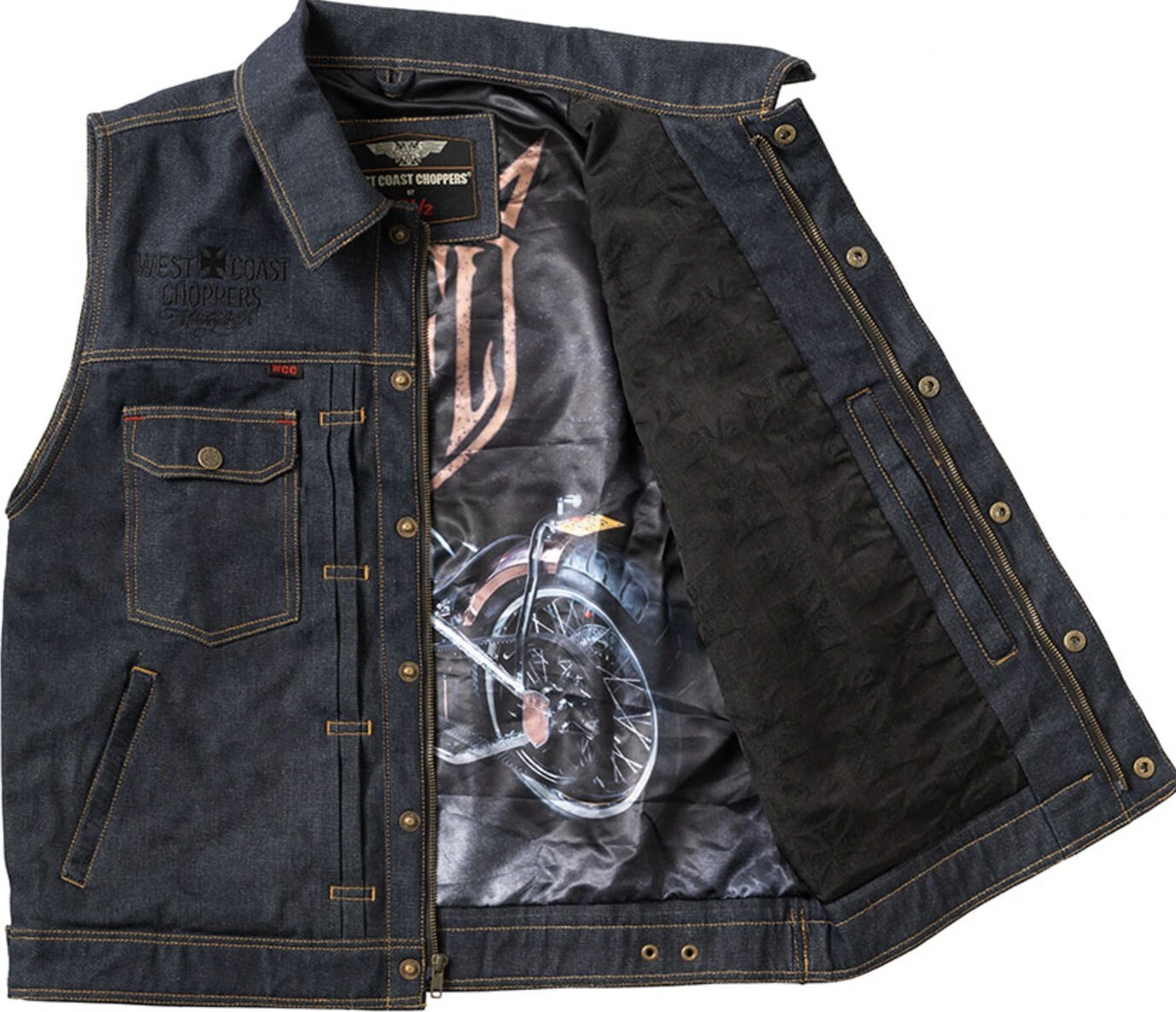 WCC x 13 1/2 Dominator RAW denim riding vest, Blue, S