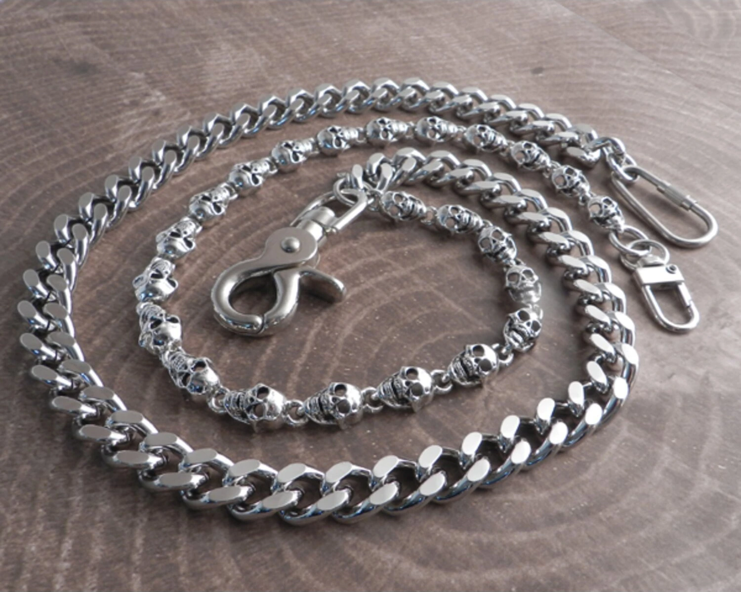 Amigaz Pewter Skull & Cut Leash Double Wallet Chain, Silver