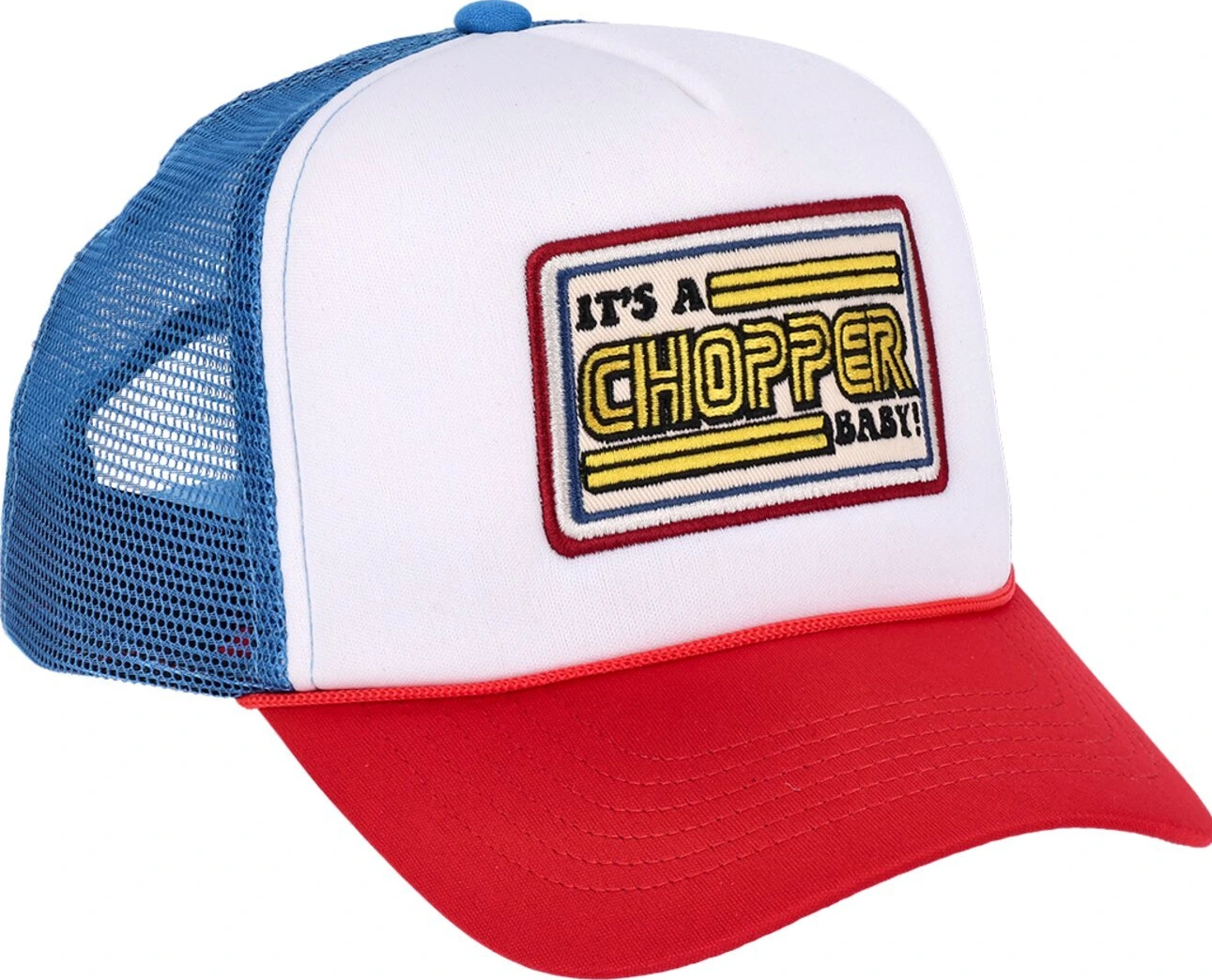 13 1/2 It's a Chopper Baby trucker cap, blue, red, White