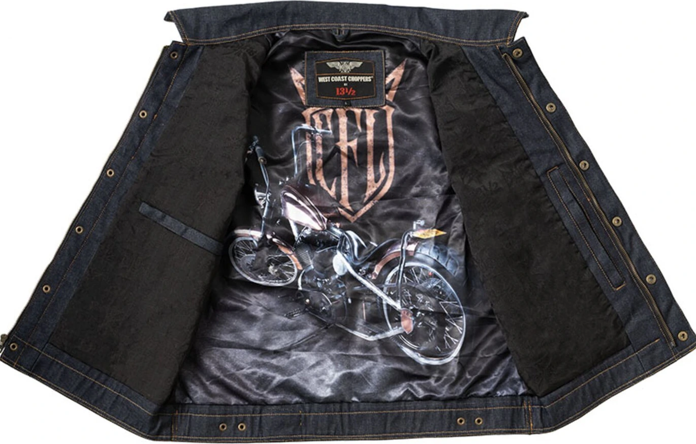 WCC x 13 1/2 Dominator RAW denim riding vest, Blue, S