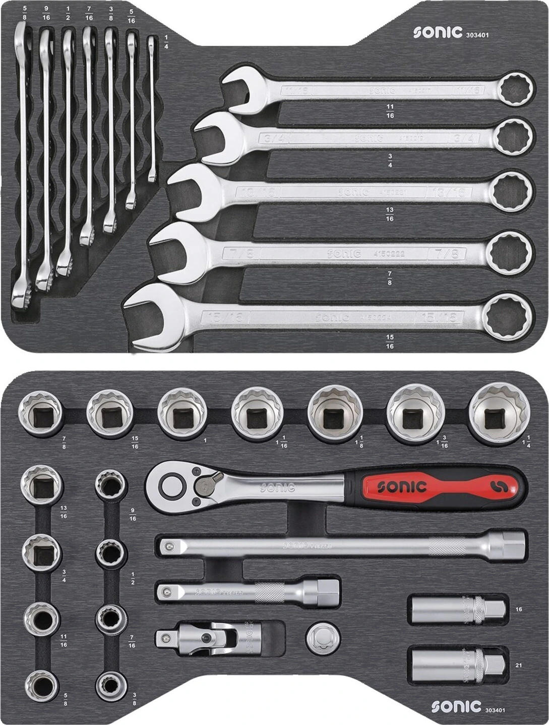 Sonic, combination socket/wrench set 1/2'', 34-piece. US/SAE, 400 mm