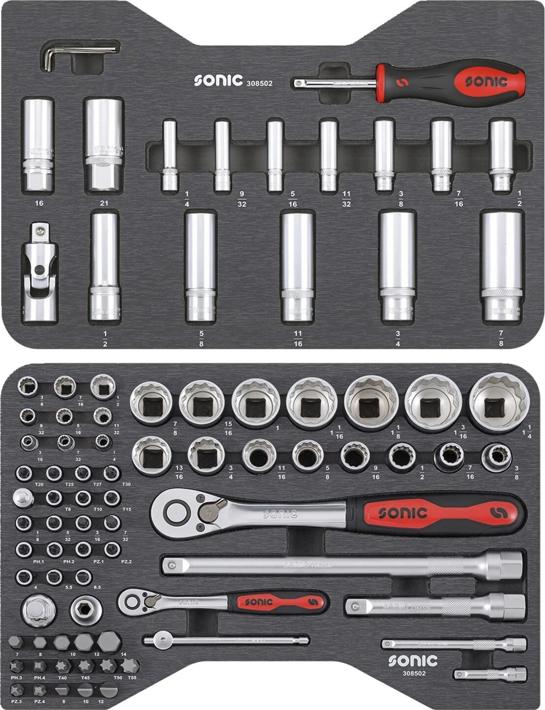 Sonic, combination socket/bit set 85-piece. US/SAE, 400 mm