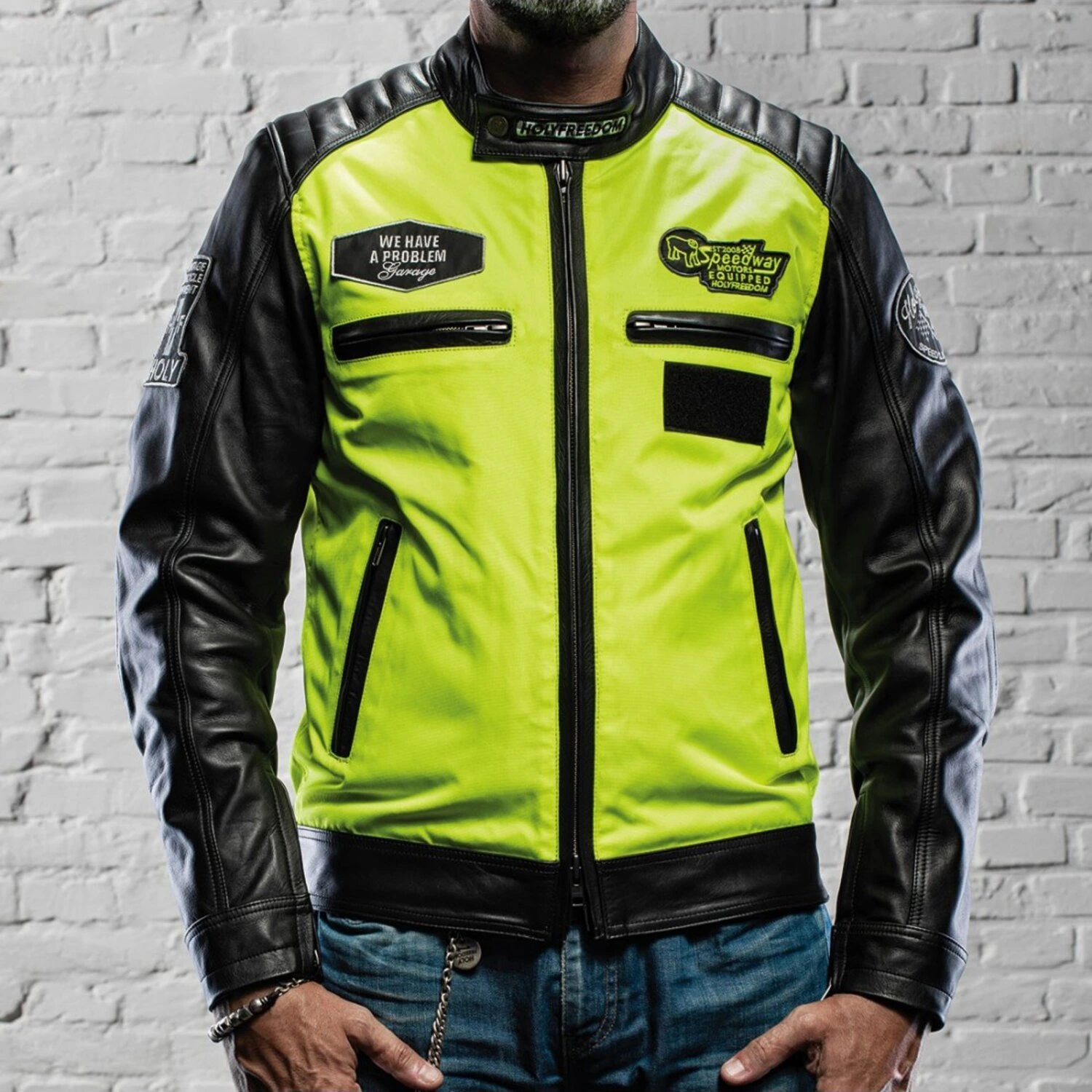 Holy Freedom Zero Vision leather jacket, black fluo, yellow, S