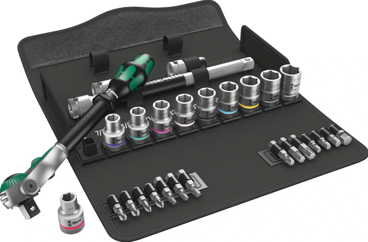 Wera Zyklop speed ratchet kit 1/2" drive - US sizes, Green, Chrome