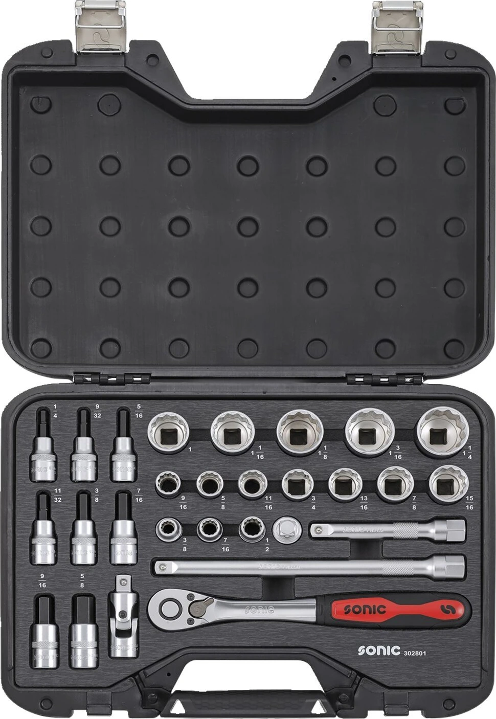 Sonic, combination socket set 1/2'', 28-piece. US/SAE sizes, 400 mm